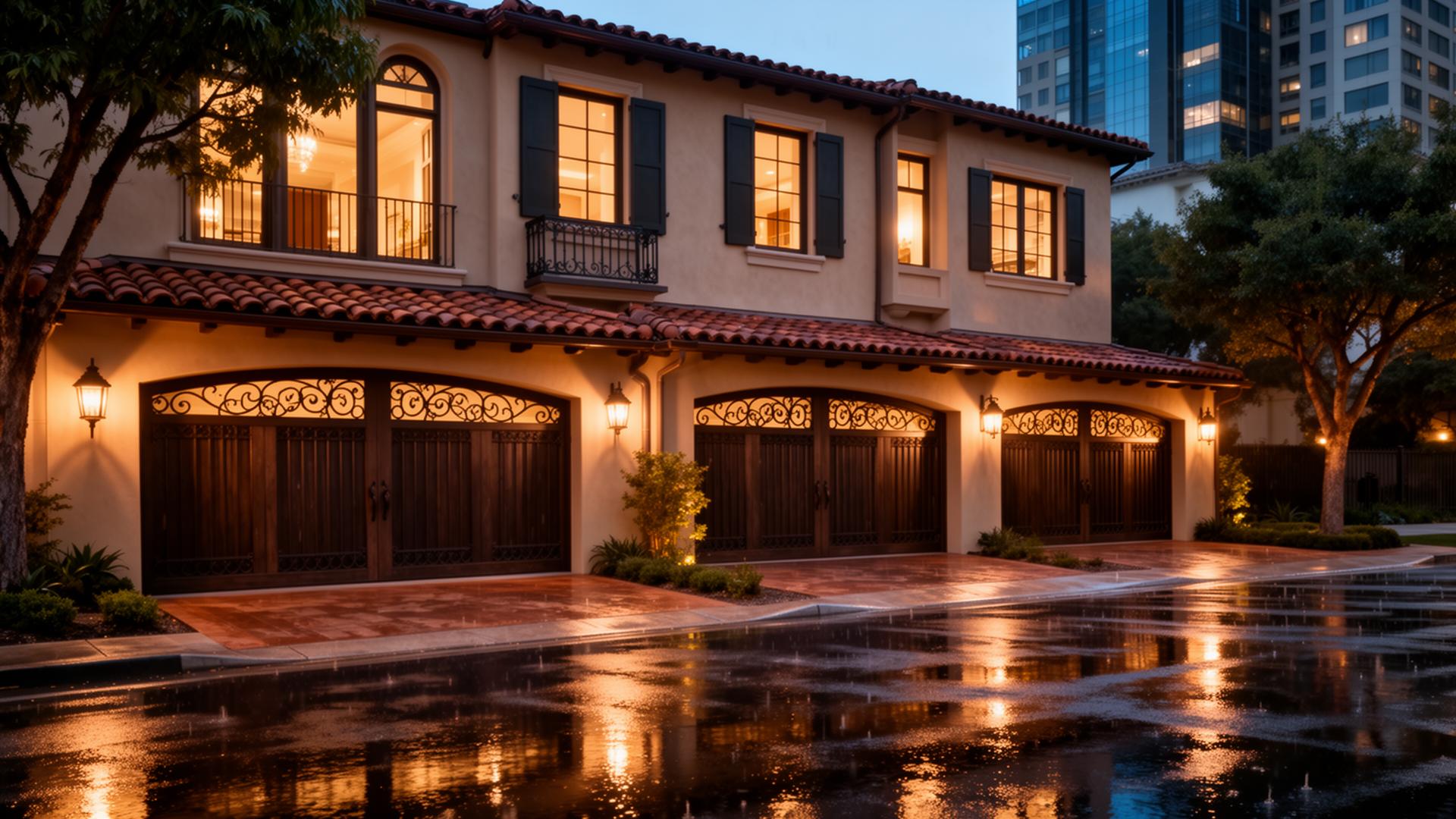 Spanish colonial style garage doors with decorative iron grilles - Wayland Garage Doors